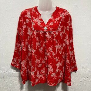 Tru Luxe Jeans Embroidered V-neck Peasant Top 3/4 Gauze Boho Red Babydoll Size L
